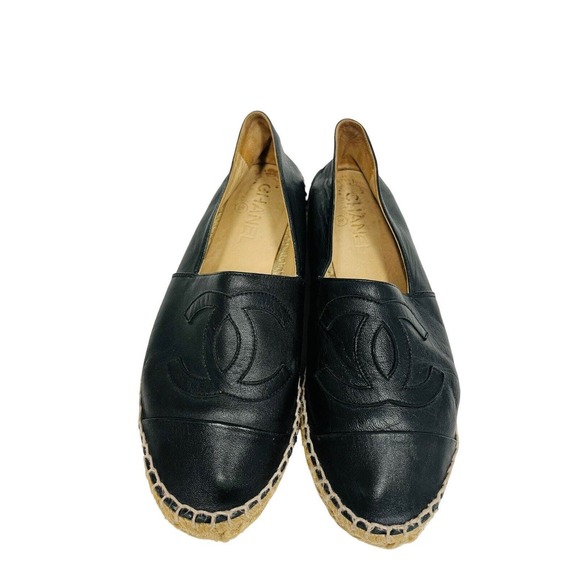 CHANEL Black Lambskin Leather CC Logo Espadrilles Flats Shoes Size 38 - Picture 6 of 9
